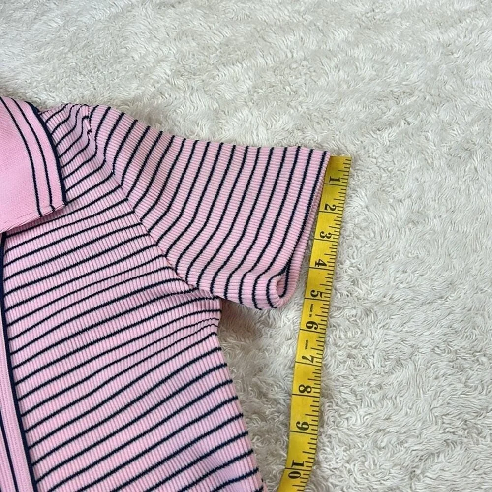 Vintage 60s 70s Striped‎ Knit Dress and Cardigan Set Pink Navy Size 16